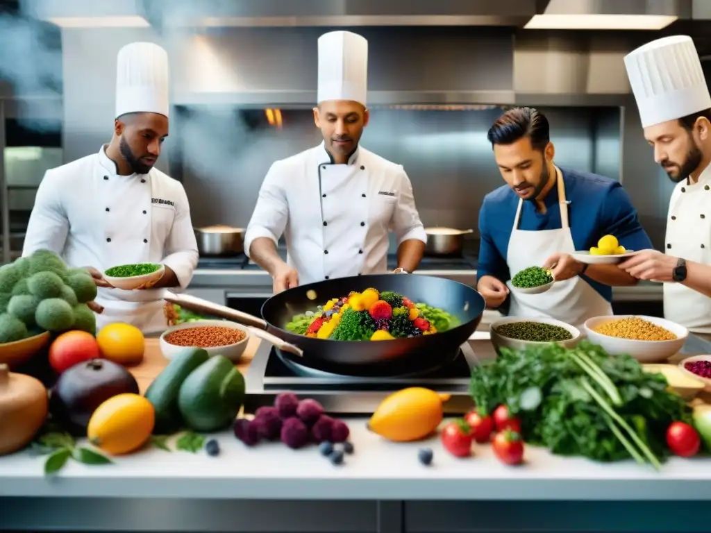 Un grupo diverso de chefs prepara superfoods gourmet con dedicación en una cocina moderna