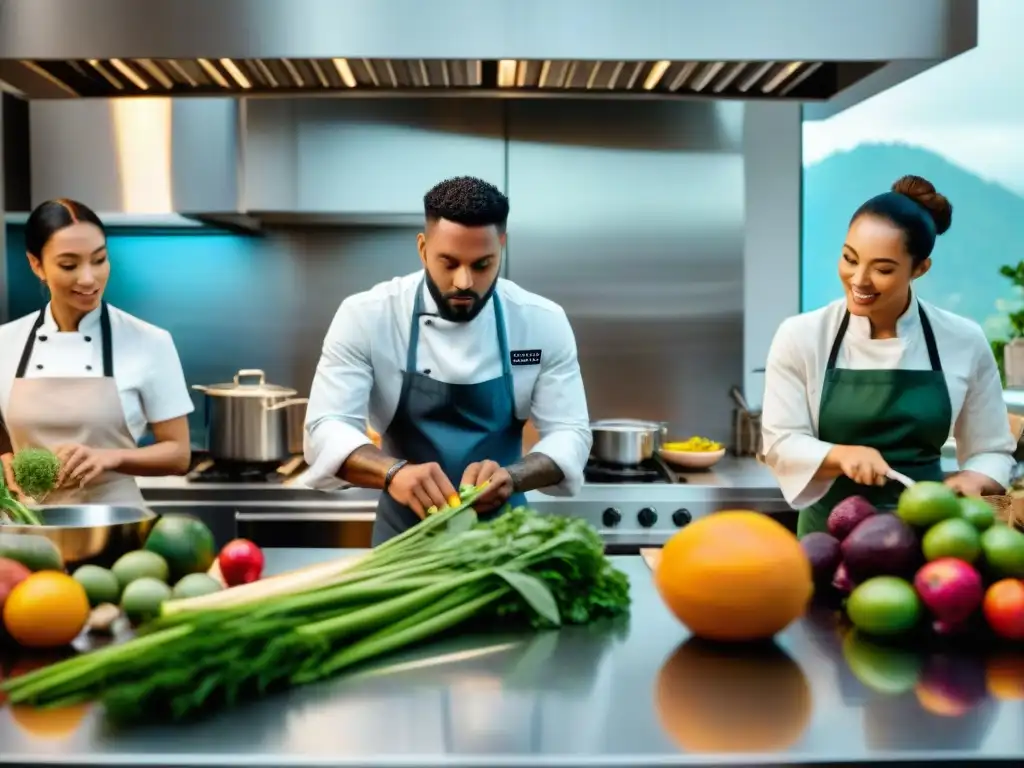 Un grupo diverso de chefs veganos reconocidos cocinando apasionadamente juntos en un estudio de cocina moderno y bien equipado