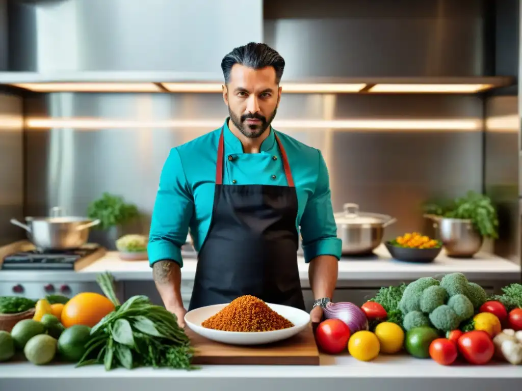 Un grupo diverso de chefs veganos innovadores creando platillos en una cocina moderna