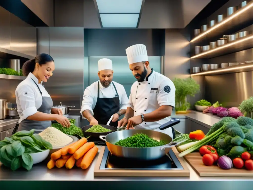 Un grupo diverso de chefs veganos reconocidos preparando platos coloridos en una cocina moderna y equipada