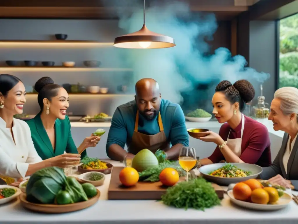 Un grupo diverso de críticos y chefs famosos en una mesa lujosa, probando exquisitos platillos