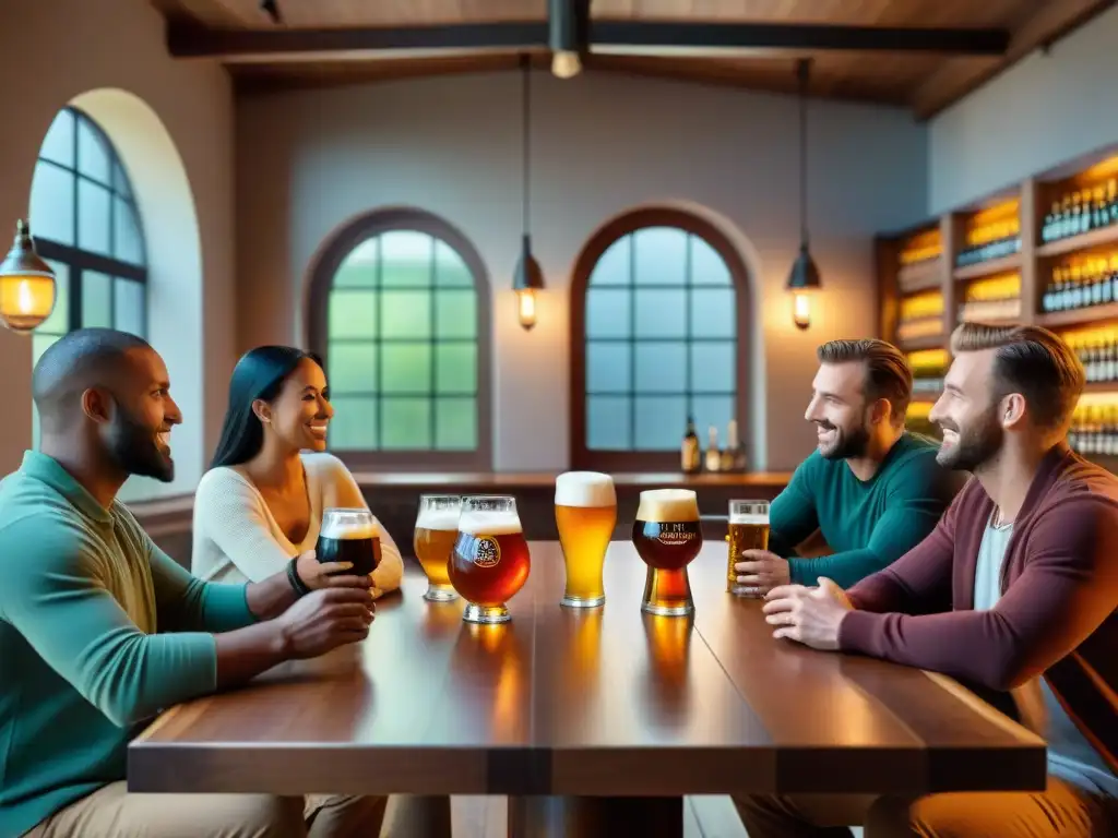 Un grupo diverso de entusiastas de la cerveza gourmet disfruta en un acogedor bar, sosteniendo copas únicas en un viaje de la Cerveza Gourmet