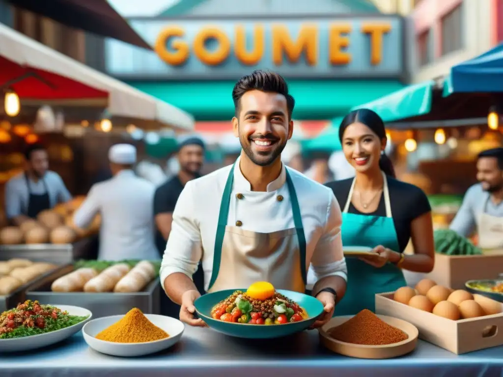 Un grupo diverso de Youtubers gourmet sabores viaje presentando platos exquisitos en un mercado colorido y vibrante