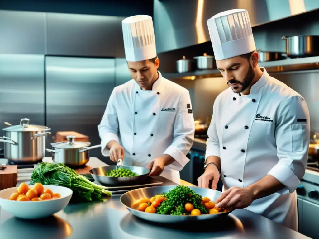 Un grupo diverso de maestros chefs preparando exquisitos platillos en un estudio de cocina de alta tecnología