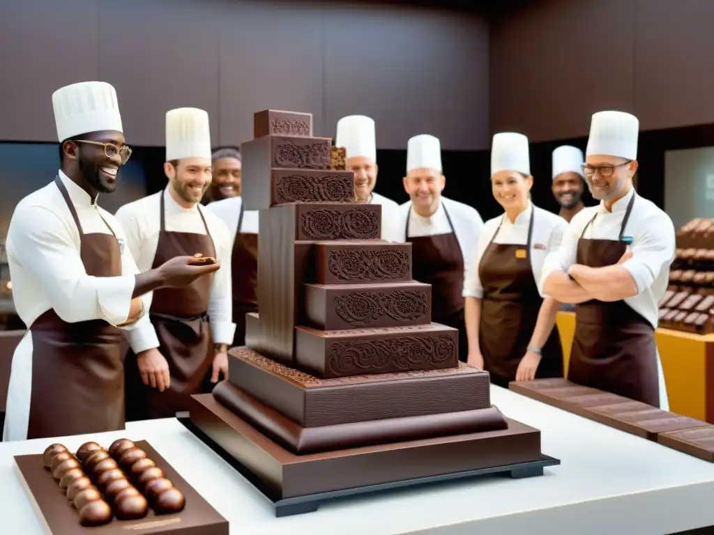 Un grupo diverso de maestros chocolateros admirando una escultura de chocolate, en un atelier moderno