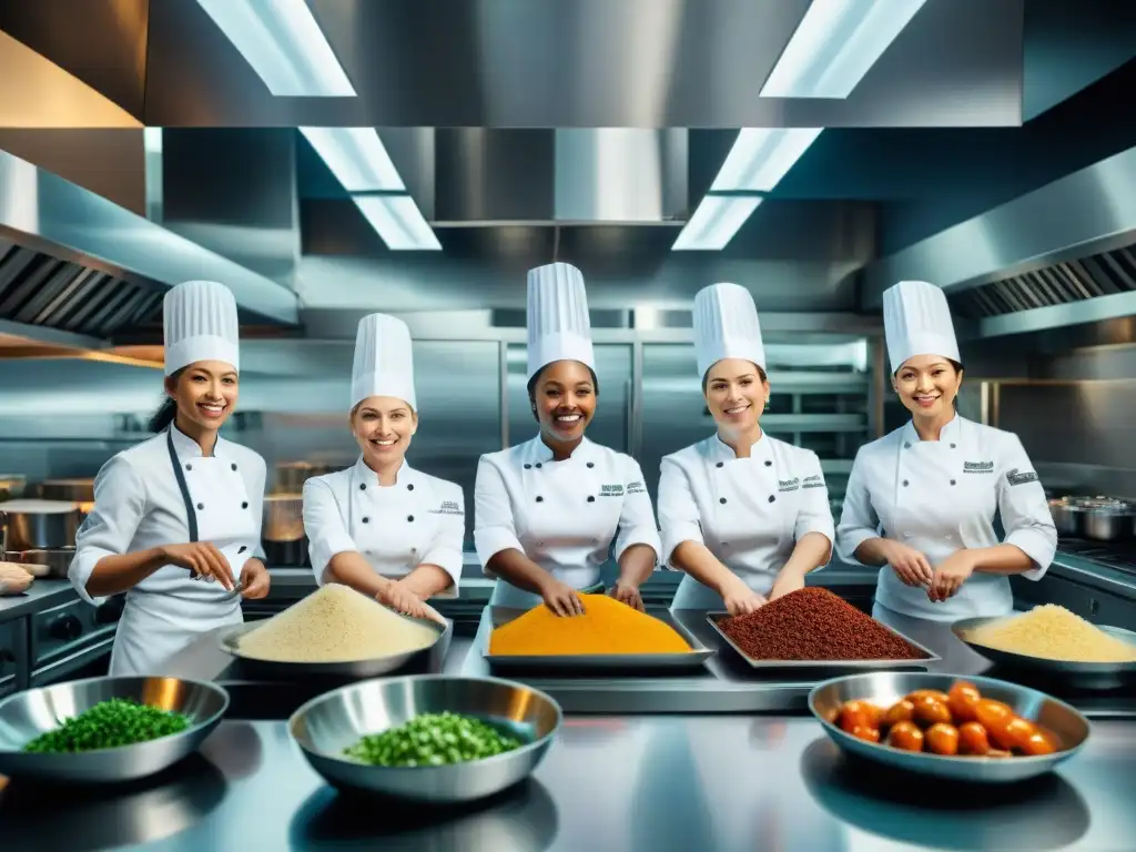 Un grupo diverso de mujeres chefs en una cocina moderna y bulliciosa, mostrando habilidades culinarias