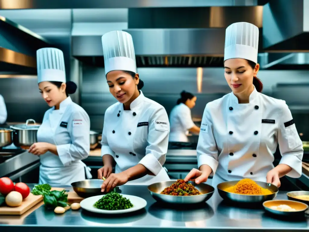 Un grupo diverso de mujeres chefs pioneras trabajando juntas en una cocina profesional moderna, mostrando su pasión y destreza culinaria