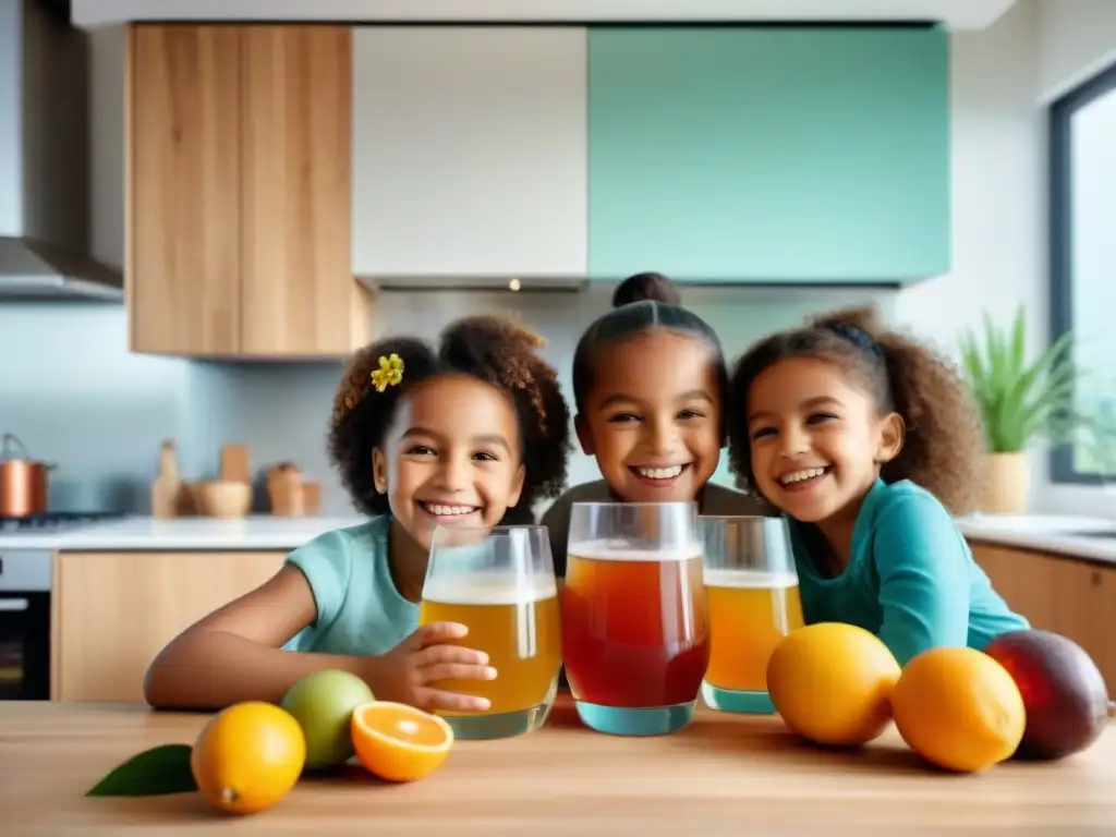 Un grupo diverso de niños felices y saludables disfrutando de kombucha colorida juntos en una cocina moderna y luminosa