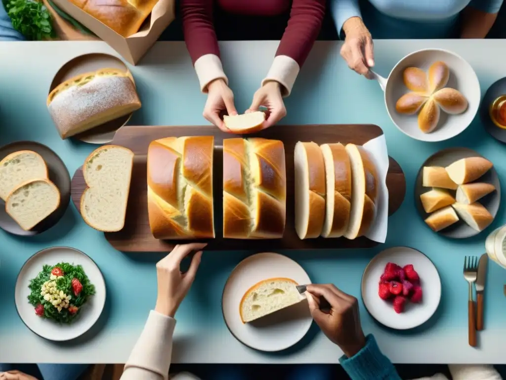 Un grupo diverso disfruta de panes seguros para alergias alimentarias en una mesa acogedora