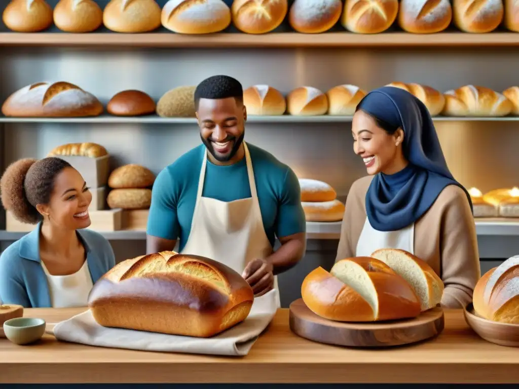 Un grupo diverso disfruta de panes seguros para alergias alimentarias en una panadería acogedora