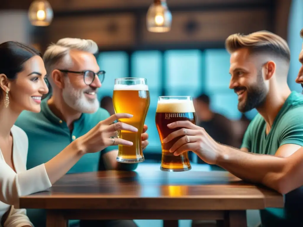 Un grupo diverso de personas cata cervezas artesanales principiantes en una atmósfera acogedora y cálida