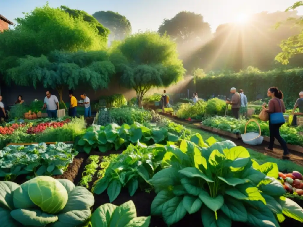 Un grupo diverso de personas de todas las edades y etnias, trabajando juntas en un huerto urbano, rodeados de vegetación exuberante