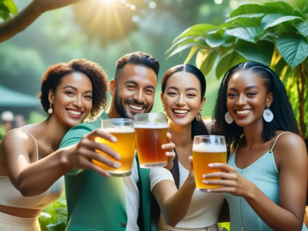 Un grupo diverso de personas sonríe y brinda con kombucha en un jardín, mostrando los beneficios del kombucha