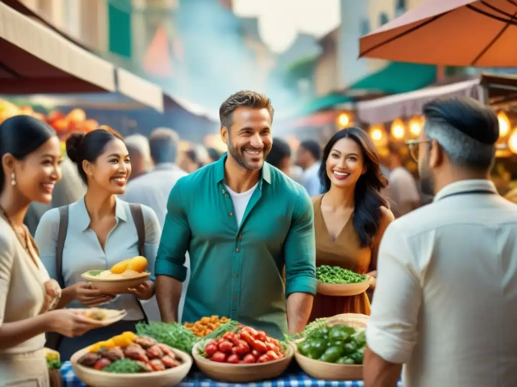 Un grupo diverso de viajeros sonrientes disfruta de delicias gourmet en un bullicioso mercado de alimentos al aire libre en una ciudad internacional