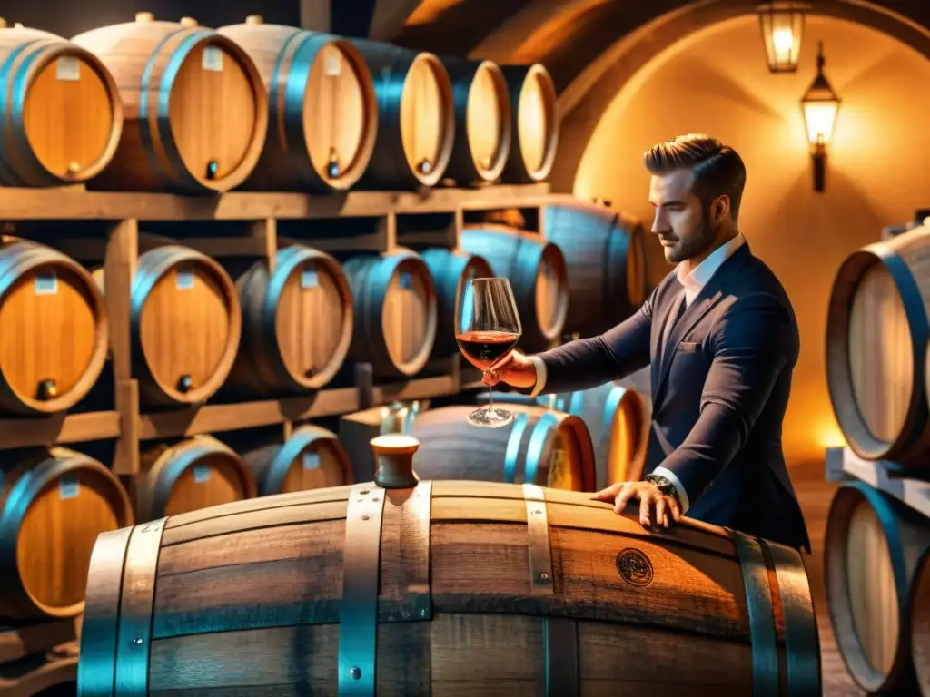 Grupo de enólogos y sommeliers en bodega con vinos naranja tendencia enólogos innovación