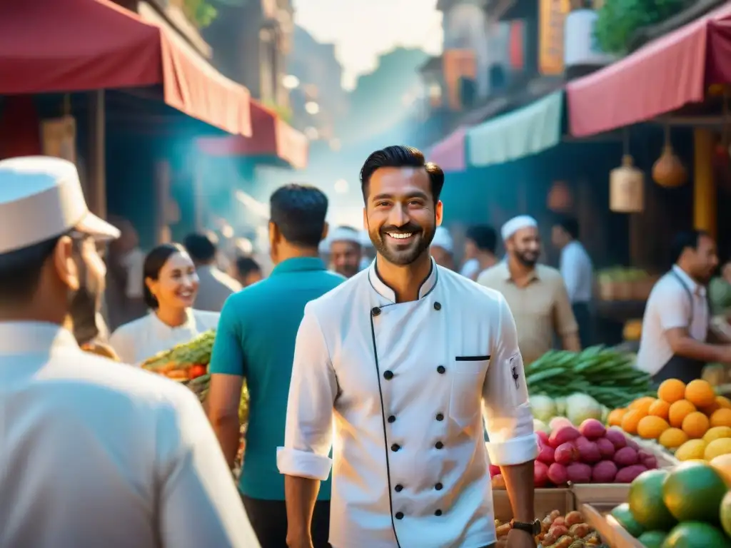 Un grupo de entusiastas de la comida sigue a un chef por un mercado vibrante en una ciudad extranjera, en un tour gastronómico guiado