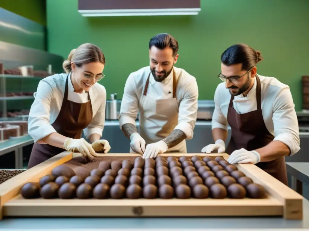 Grupo de jóvenes chocolateros artesanales innovando en taller sostenible, lleno de creatividad y pasión por el chocolate