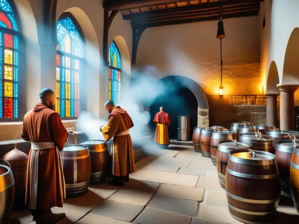 Un grupo de monjes en una antigua cervecería medieval, creando cerveza con devoción