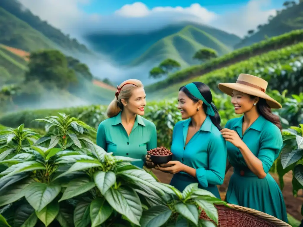 Un grupo de mujeres pioneras de diferentes épocas trabajando juntas en una plantación de café