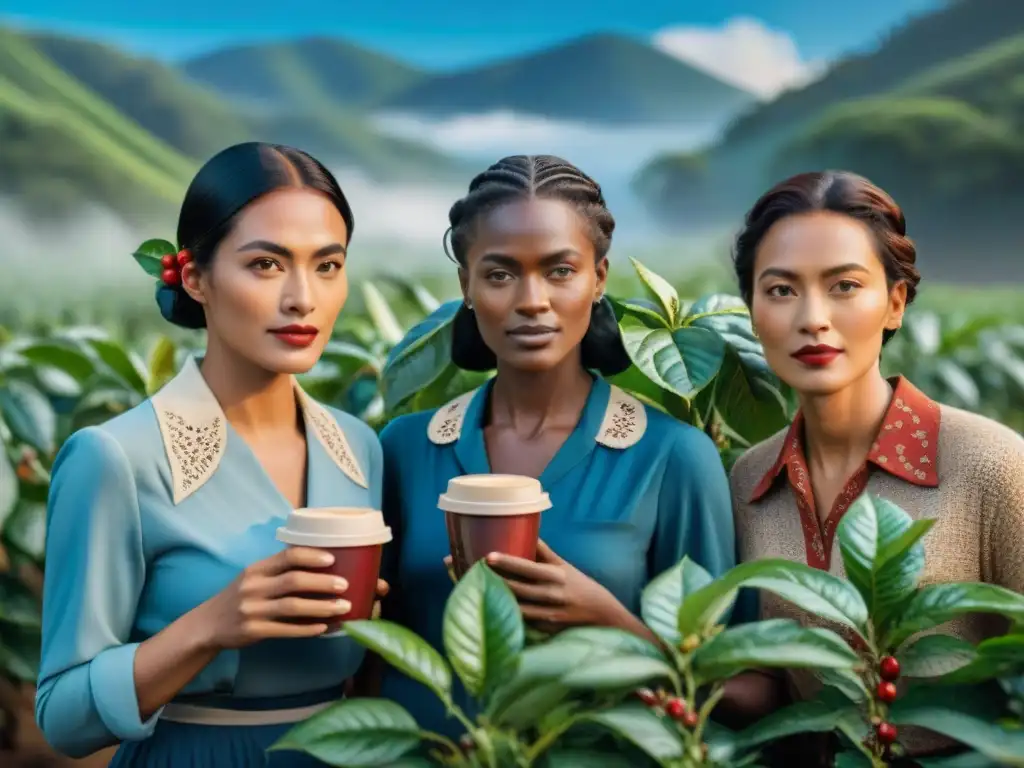 Un grupo de mujeres pioneras de diferentes épocas y orígenes, unidas en un campo de café bajo un cielo azul