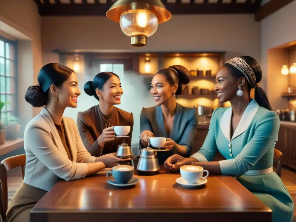 Grupo de mujeres pioneras de la historia del café conversando animadamente alrededor de una mesa antigua, en un ambiente cálido e empoderador