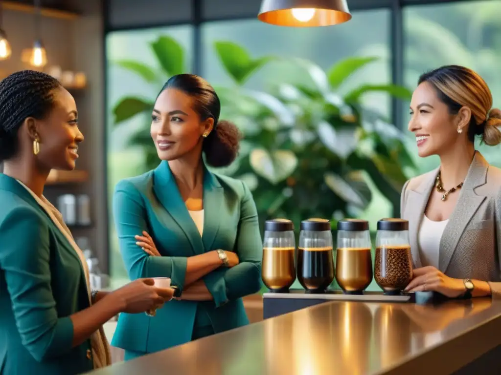 Un grupo de mujeres pioneras en la historia del café, reunidas alrededor de una estación de café moderna, discutiendo con entusiasmo