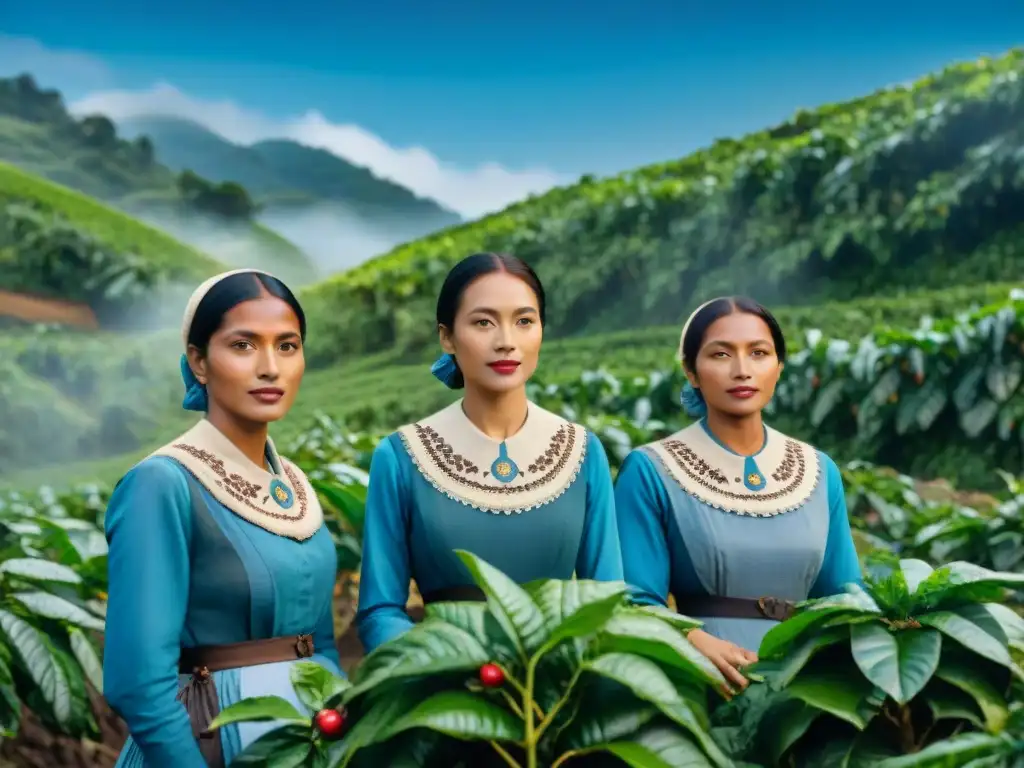 Un grupo de mujeres pioneras en la historia del café, rodeadas de plantaciones exuberantes, realizando tareas con determinación y empoderamiento