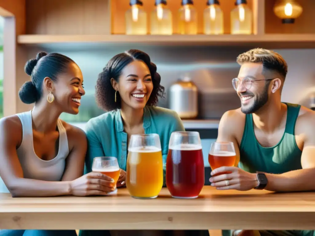 Un grupo variado disfrutando de kombucha en una cocina acogedora, reflejando conexión y bienestar