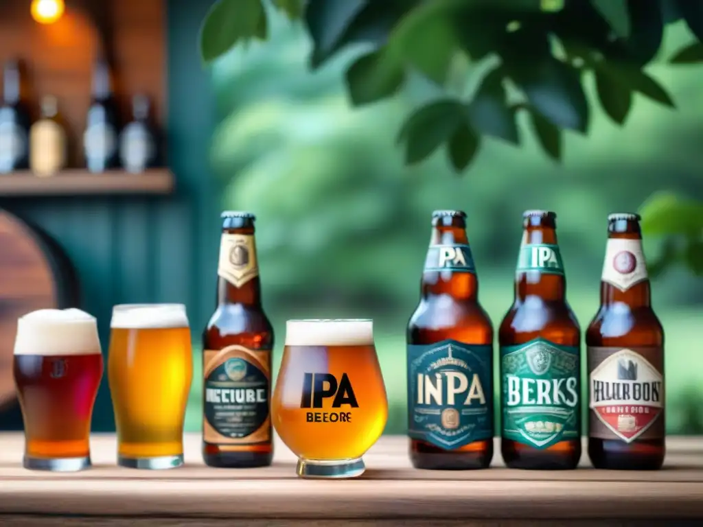 Una guía completa de cerveza IPA artesanal: variedad de IPAs en copas únicas sobre barra de madera rústica