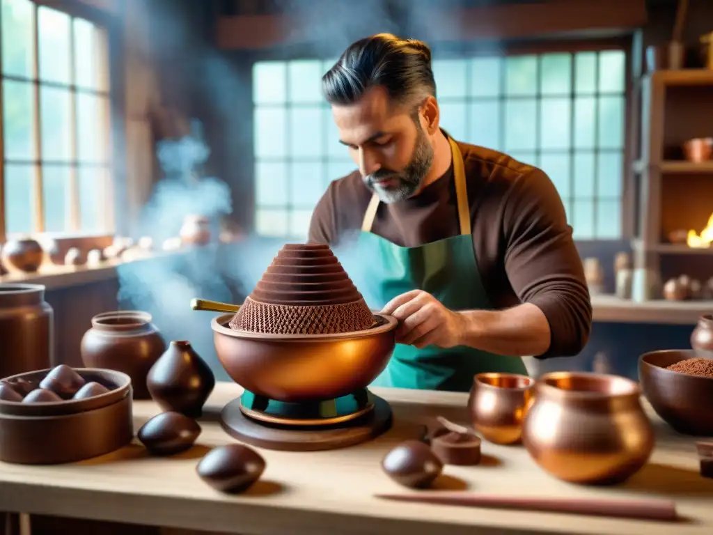 Un hábil artesano de chocolate moldea una escultura en un taller tradicional, rodeado de herramientas e ingredientes