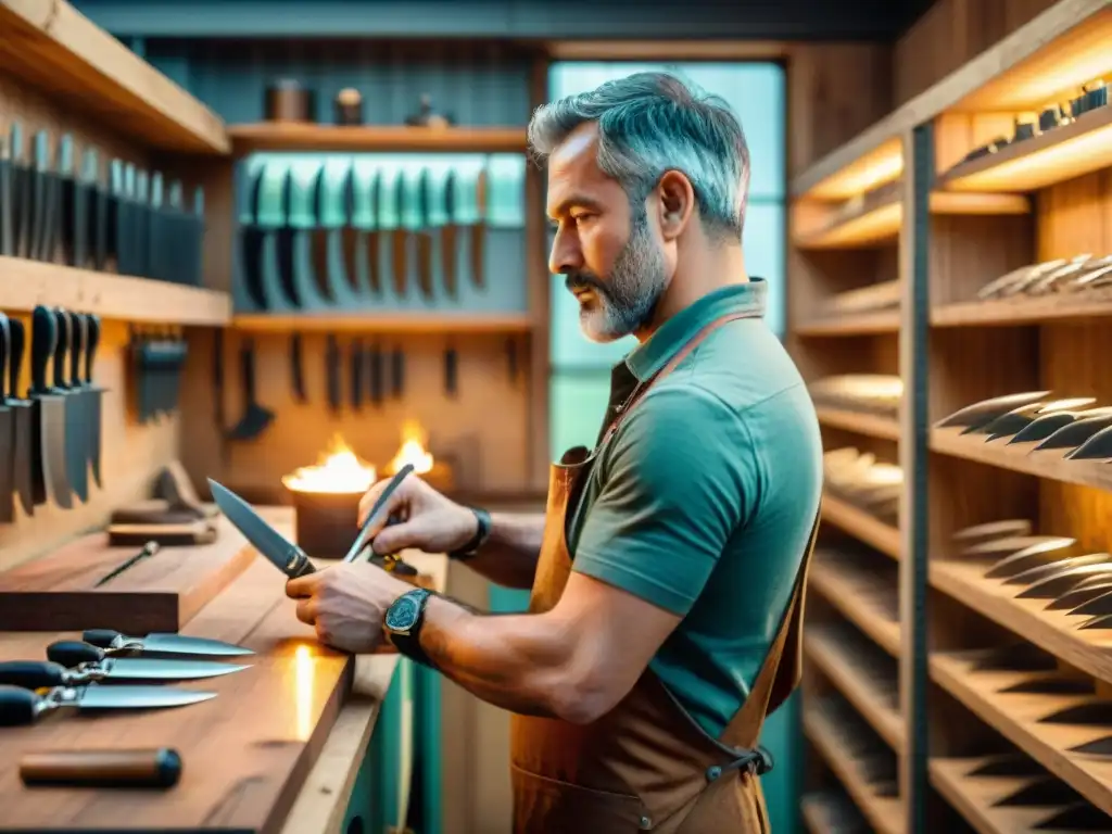 Un hábil artesano crea sets de cuchillos artesanales tradicionales en un taller iluminado cálidamente