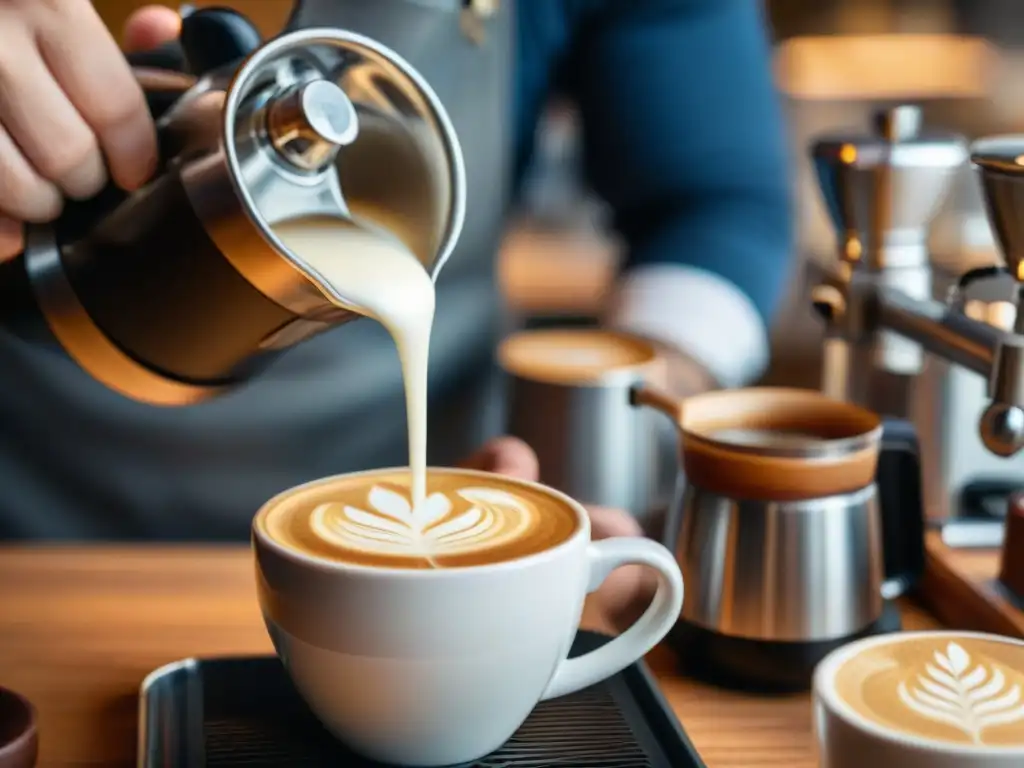 Un hábil barista vierte leche vaporizada en un espresso, creando arte latte con forma de hoja y mostrando la preparación del café gourmet