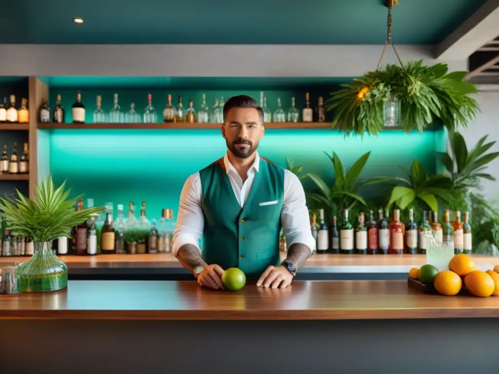 Un hábil barman elaborando un coctel orgánico en un elegante bar ecofriendly