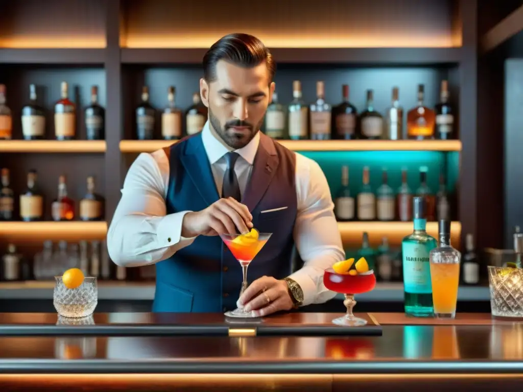 Un hábil bartender crea un coctel gourmet en un elegante bar