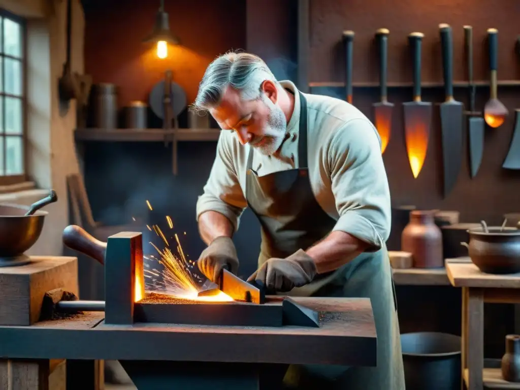 Un hábil herrero forja un cuchillo gourmet en su taller, rodeado de herramientas y chispas, en un ambiente rústico y elegante