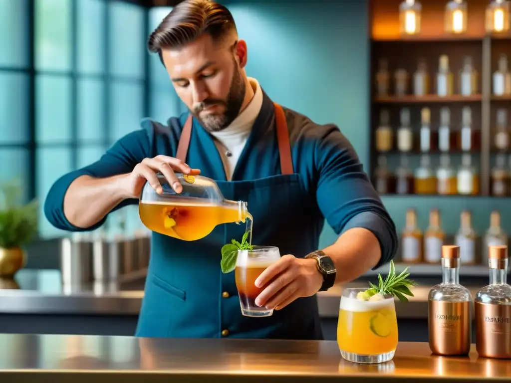 Maestro mixólogo crea cóctel de kombucha vibrante en un bar de lujo Un hábil mixólogo crea cócteles innovadores con kombucha en un elegante bar