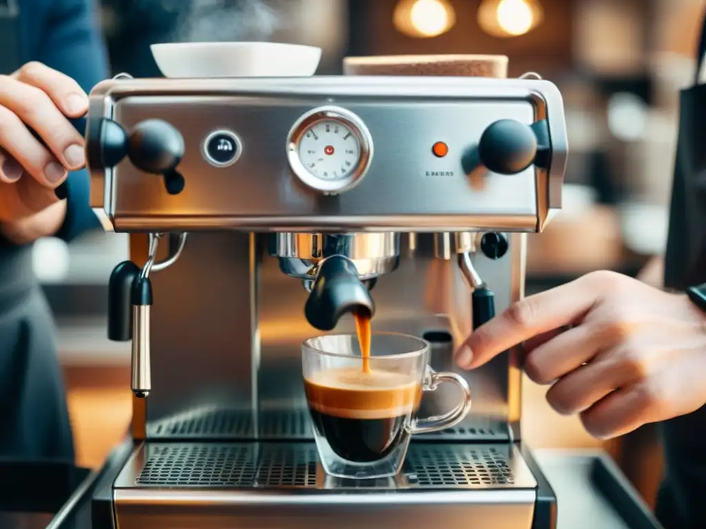 Las hábiles manos de un barista preparando un espresso perfecto, con crema espesa y vapor, mostrando precisión y destreza en la preparación