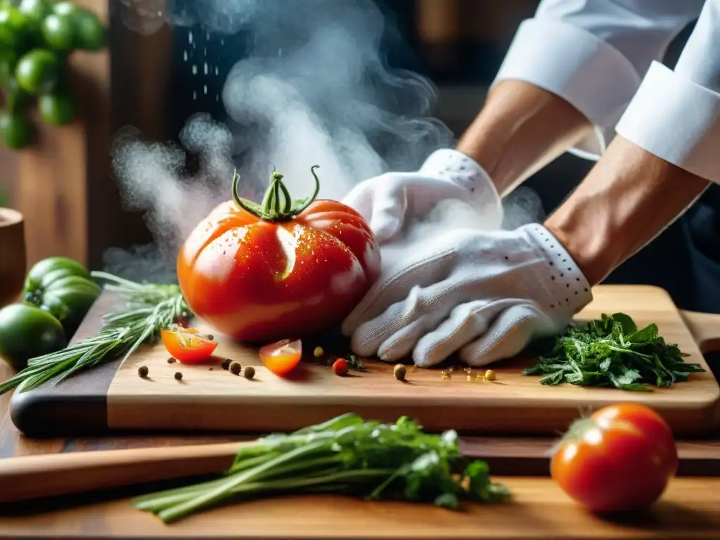 Las hábiles manos del chef cortan ingredientes frescos en tabla de madera