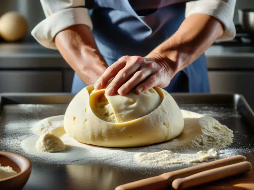 Las hábiles manos del panadero moldean con destreza una masa de pan con prefermentos, mostrando la textura y elasticidad