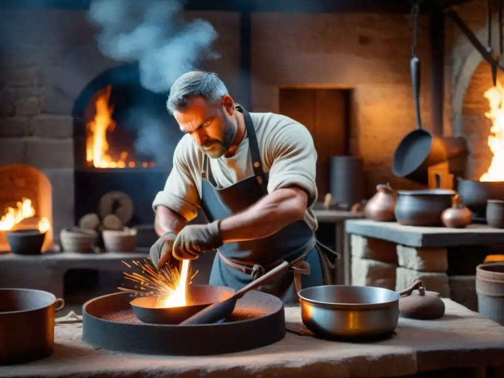 Un habilidoso herrero en su taller medieval forja utensilios de cocina con hierro y cobre, evolución utensilios cocina materiales