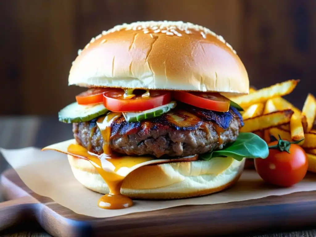 Hamburguesa gourmet con ingredientes exquisitos en tabla de madera, acompañada de papas fritas crujientes y salsa gourmet