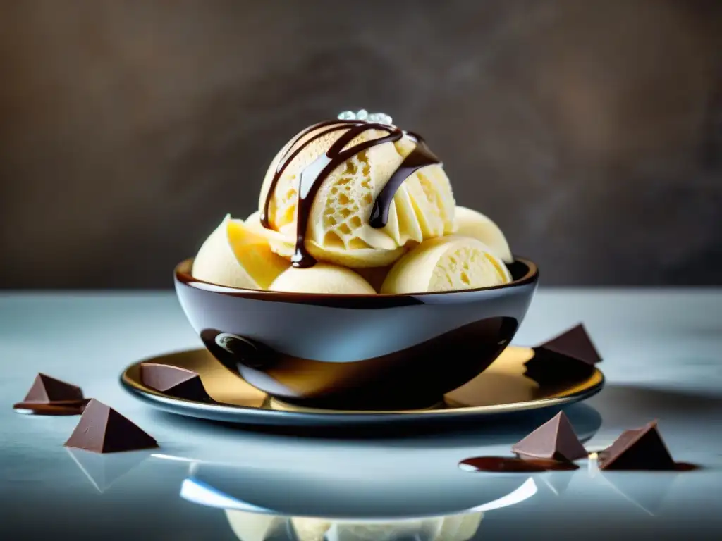 Helado de alta gastronomía en cristal lujoso, bañado en chocolate oscuro, sobre mármol elegante