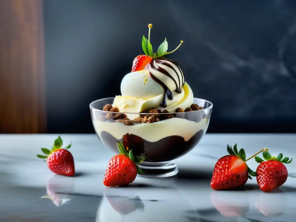 Un helado de alta gastronomía con helado de vainilla, ganache de chocolate, nueces caramelizadas y fresas frescas en un elegante recipiente de postre sobre una encimera de mármol