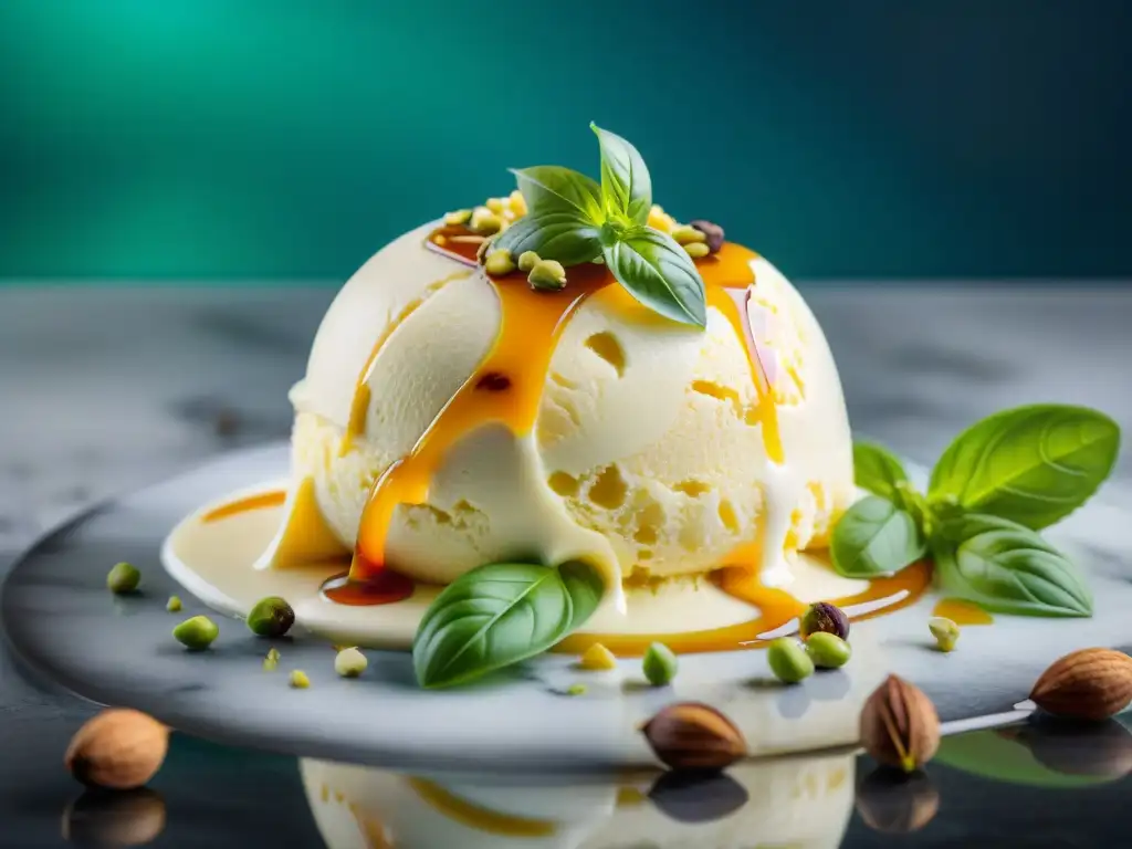 Un helado de queso gourmet con reducción balsámica, albahaca fresca y pistachos triturados en mármol frío