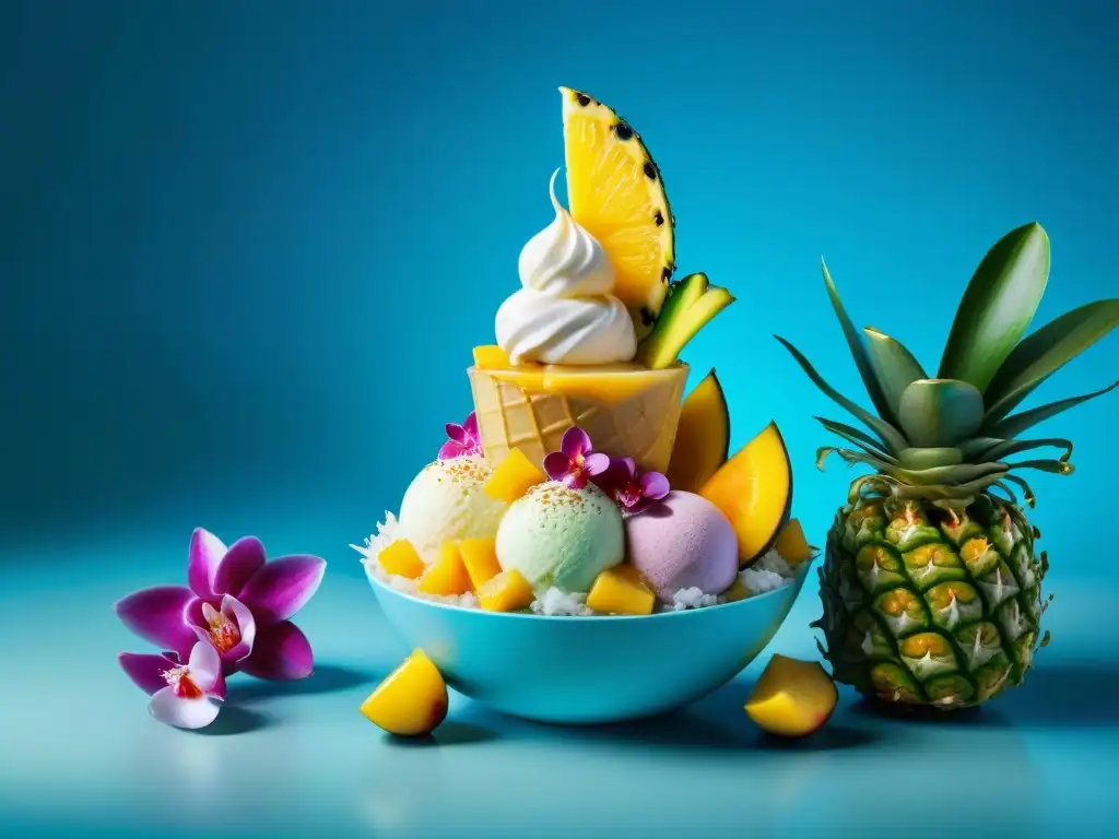 Un helado de sabores exóticos en un barco de piña con frutas tropicales y coulis de mango, en un paraíso tropical