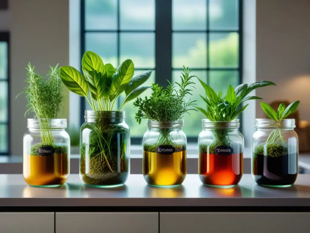 Encantador jardín de hierbas frescas en cocina moderna Hermosa cocina moderna con hierbas frescas en frascos, técnicas modernas maximizar sabor hierbas