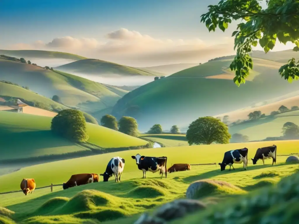 Hermosa granja sostenible con vacas pastando bajo el cielo azul