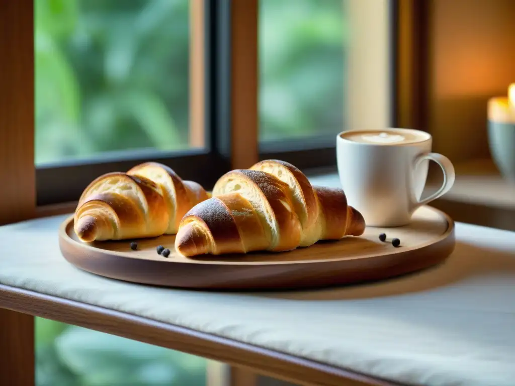 Hermosa habitación de hotel con panadería artesanal, desayuno de pan recién horneado y café, iluminada por suave luz matutina