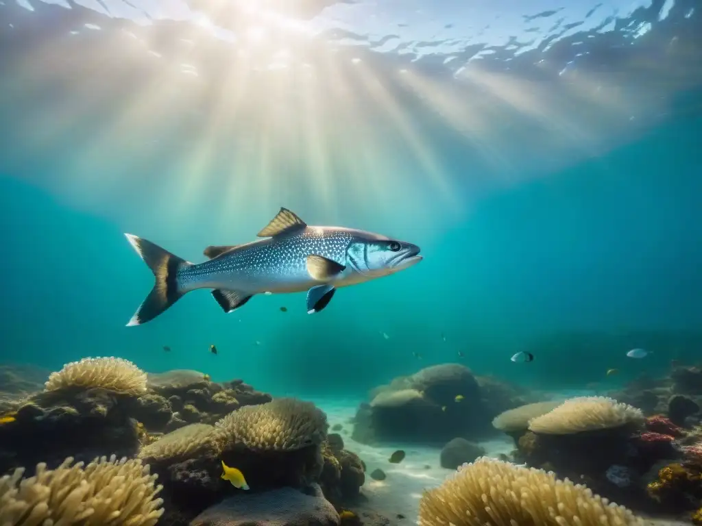 Hermosa imagen de una Merluza Negra en Aguas Frías del Sur, nadando entre peces plateados en un escenario submarino sereno y cautivador