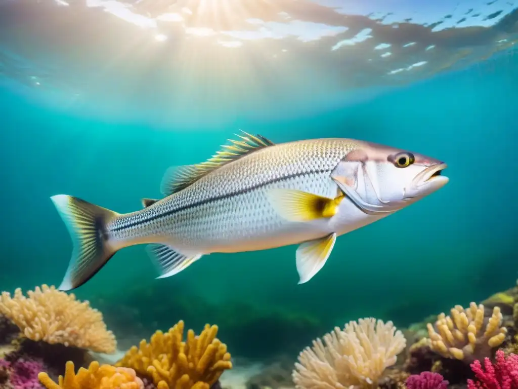 Una hermosa lubina salvaje nada libre en aguas cristalinas, rodeada de vida marina colorida y arrecifes de coral vibrantes